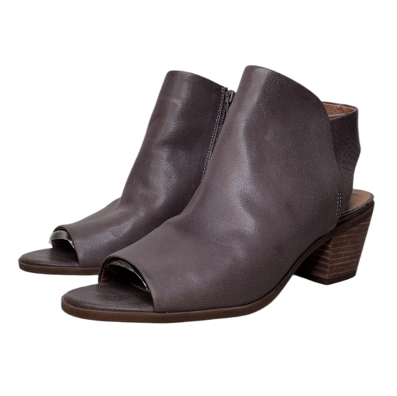 Lucky Brand Baaka Gray Leather Open-Toe Stacked Chunky Heel Ankle Booties Sz 8.5 - Picture 1 of 16